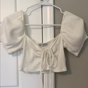 Zara Cream Ribbed Puff Sleeve Crop Top